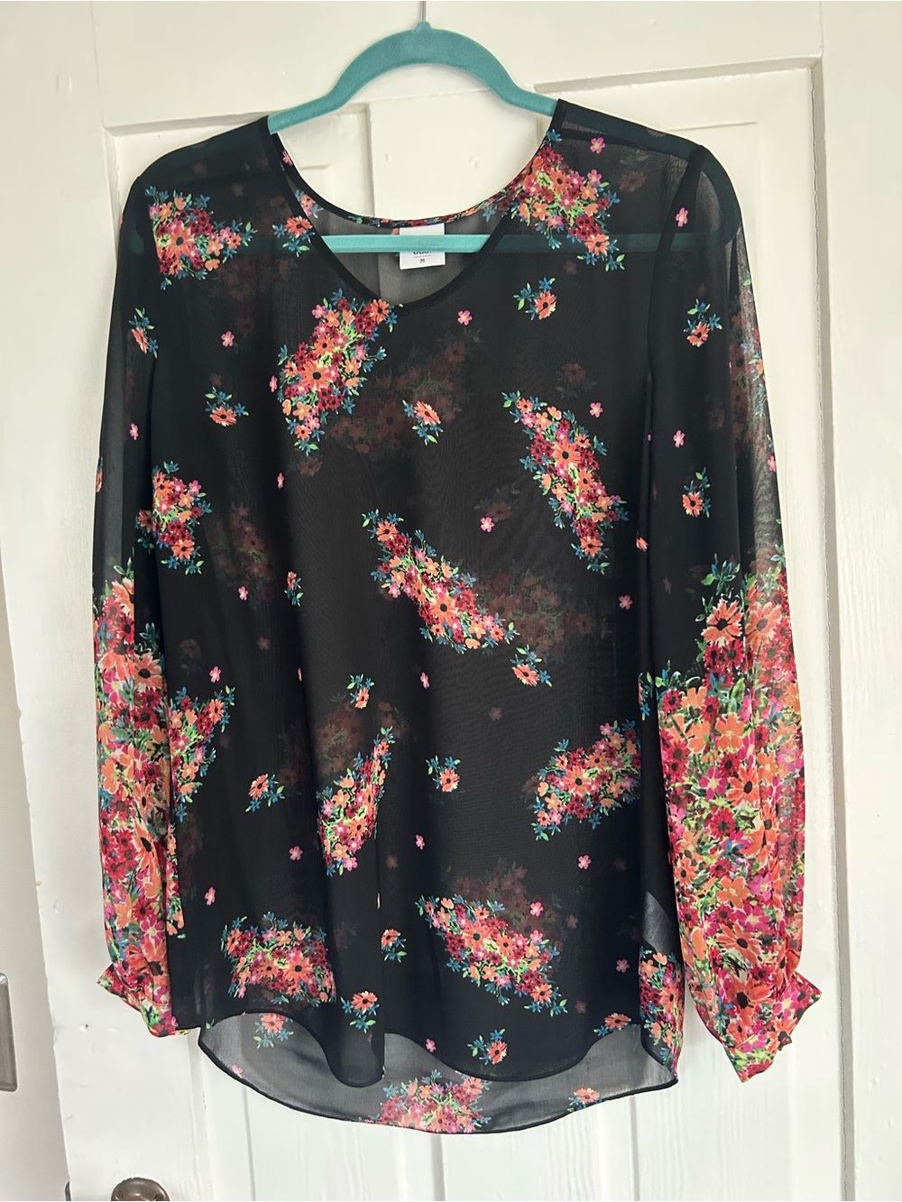 CAbi Black Sheer Floral Long-Sleeve Blouse
